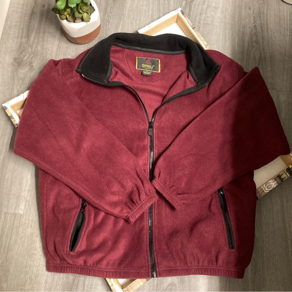 BARU Sports Burgundy Red Black Trim Fleece Zip Jacket Men’s Size L